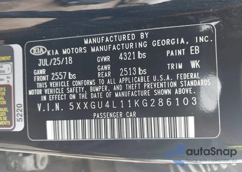 2019 Kia Optima Ex z USA, uszkodzony, nr VIN 5XXGU4L11KG286103